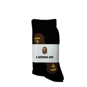 Bape Crew Socks Mens Womens Unisex Size 9-11 Black Brown All Over Print Ape Head